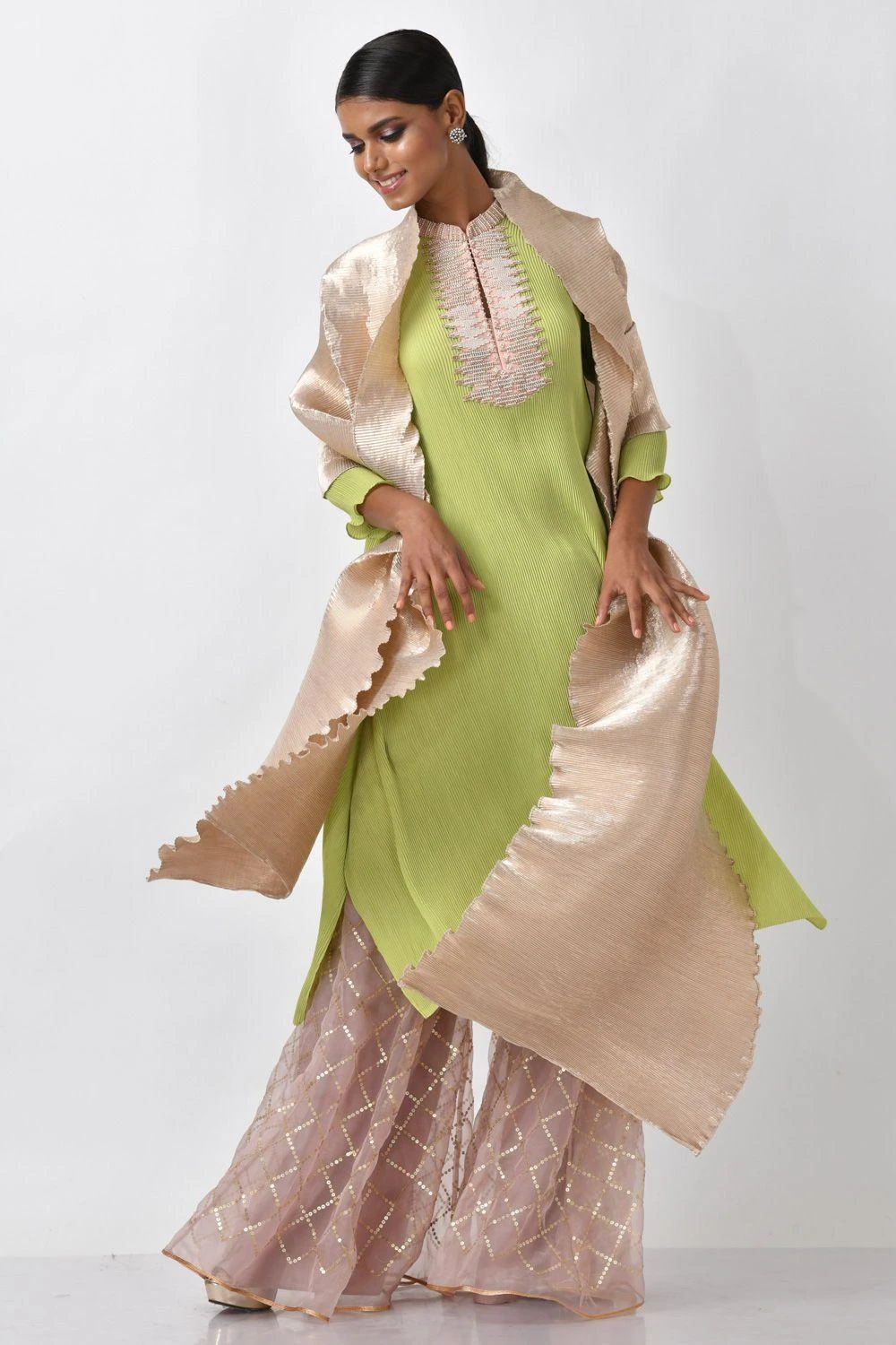 Kiran Uttam Ghosh Lime Green Pleated Kurta 5 Kiran Uttam Ghosh Lime Green Pleated Kurta - Image 5