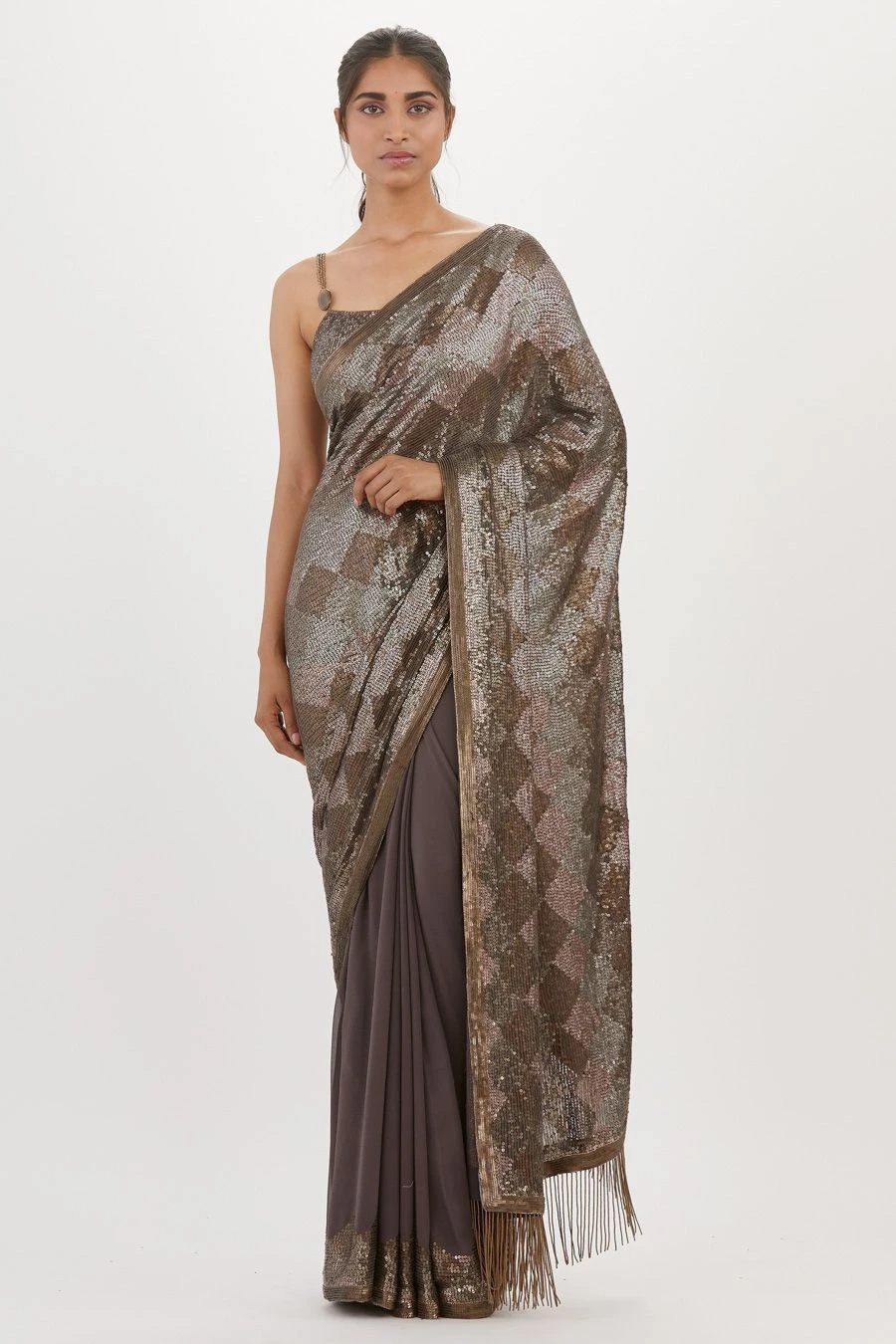 Nakul Sen Charcoal Sequinned Sari Set 1 Nakul Sen Charcoal Sequinned Sari Set