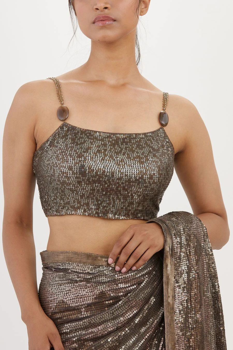 Nakul Sen Charcoal Sequinned Sari Set 6 Nakul Sen Charcoal Sequinned Sari Set - Image 6