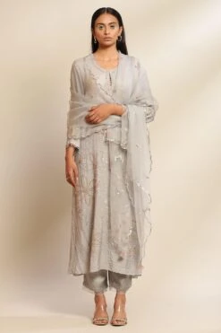 ONE NOT TWO Grey Hand Embellished Dupatta