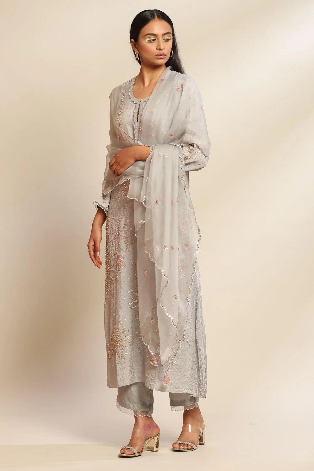 ONE NOT TWO Grey Hand Embellished Dupatta 2 ONE NOT TWO Grey Hand Embellished Dupatta - Image 2