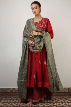 Rhua Deep Red Panelled Anarkali Set