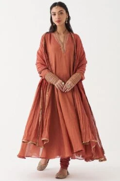 Rhua Rust Orange Aari Embroidered Anarkali Set