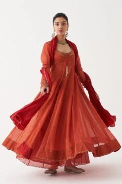 Rhua Scarlet Red Handwoven Tissue Chanderi Anarkali