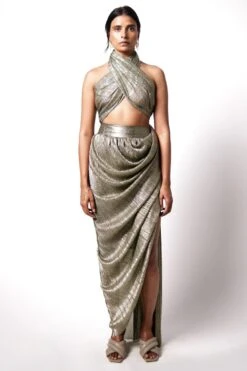 431-88 By Shweta Kapur Olive Green Pre Draped Metallic Sari