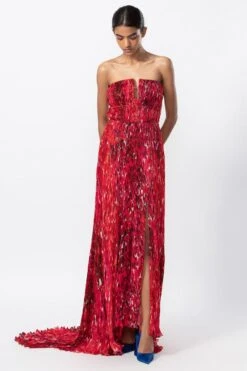 Saaksha & Kinni Red Floral Micro Pleated Gown