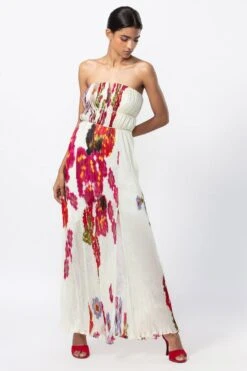 Saaksha & Kinni Ivory Floral Micro Pleated Gown