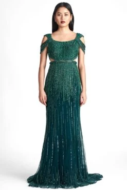 Sharnita Nandwana Emerald Green Fitted Cold Shoulder Gown