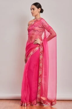 PATINE Pink Silk Organza Parsi Gara Embroidered Sari Set