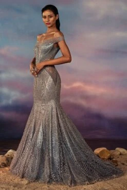 Rohit Gandhi + Rahul Khanna Space Grey Tonal Embellished Gown