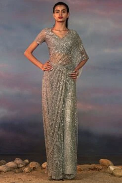 Rohit Gandhi + Rahul Khanna Space Grey Embellished Sari Set