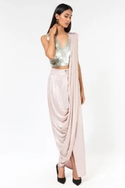 431-88 By Shweta Kapur Metallic Pink Satin Foil Drape Sari