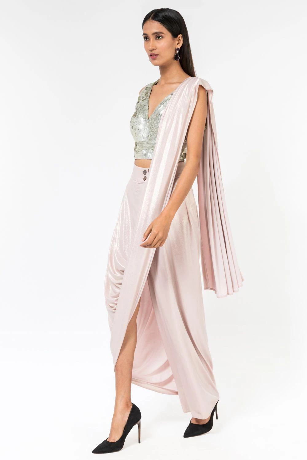 431-88 By Shweta Kapur Metallic Pink Satin Foil Drape Sari 2 431-88 By Shweta Kapur Metallic Pink Satin Foil Drape Sari - Image 2