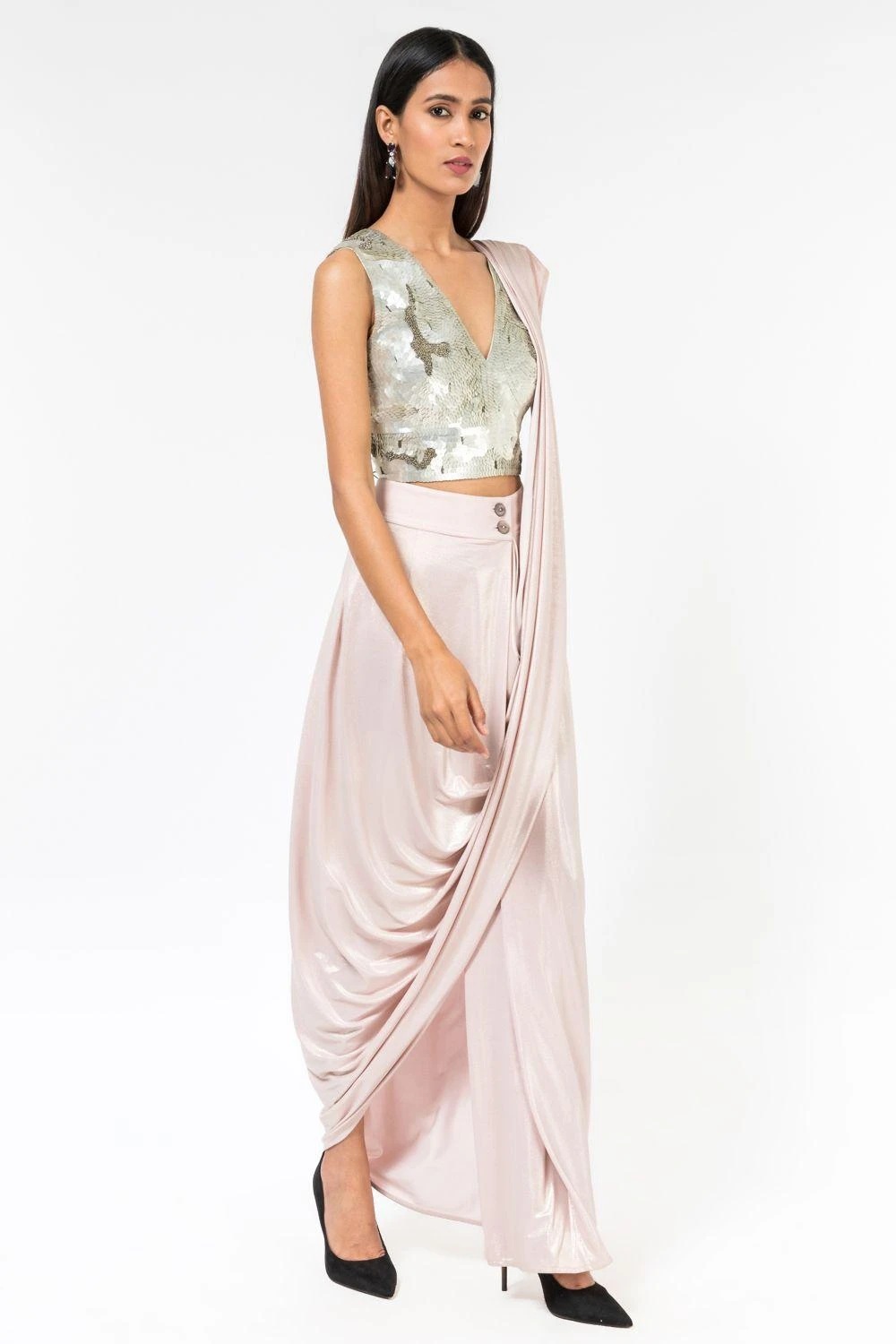 431-88 By Shweta Kapur Metallic Pink Satin Foil Drape Sari 3 431-88 By Shweta Kapur Metallic Pink Satin Foil Drape Sari - Image 3