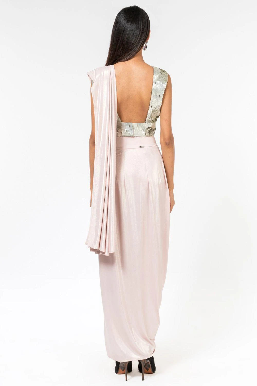 431-88 By Shweta Kapur Metallic Pink Satin Foil Drape Sari 4 431-88 By Shweta Kapur Metallic Pink Satin Foil Drape Sari - Image 4