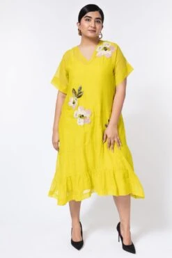 Half Full Curve Lime Green Floral Embroidered Midi Dress