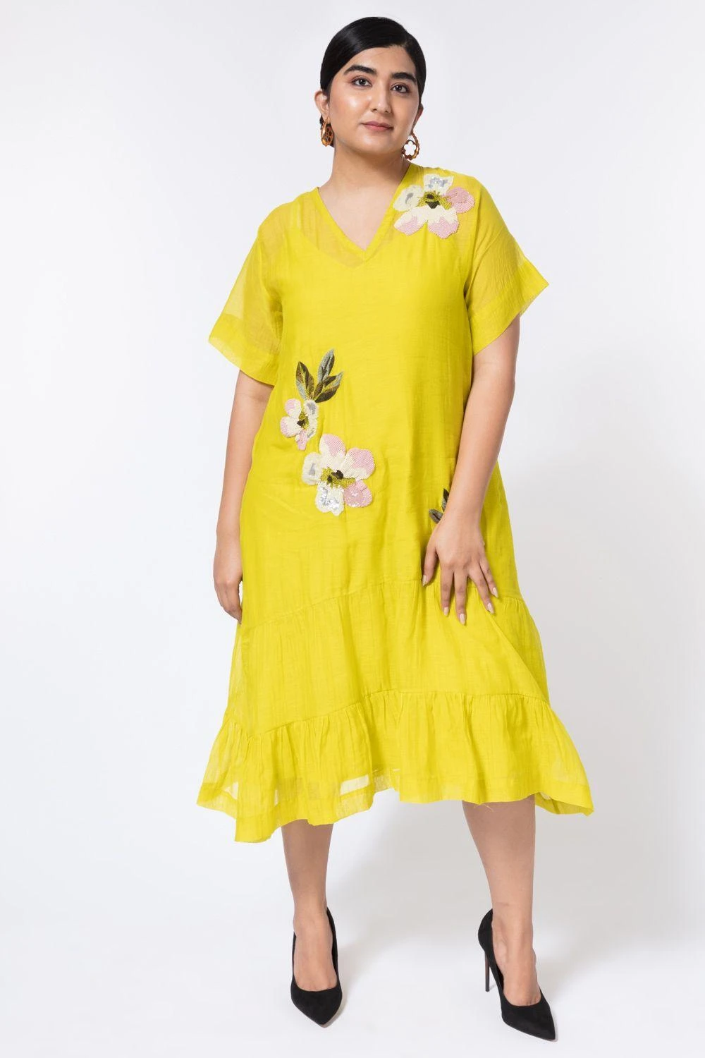 Half Full Curve Lime Green Floral Embroidered Midi Dress 1 Half Full Curve Lime Green Floral Embroidered Midi Dress