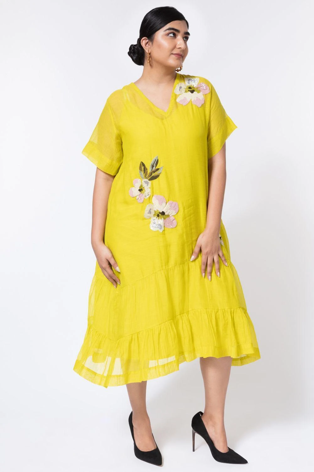 Half Full Curve Lime Green Floral Embroidered Midi Dress 3 Half Full Curve Lime Green Floral Embroidered Midi Dress - Image 3