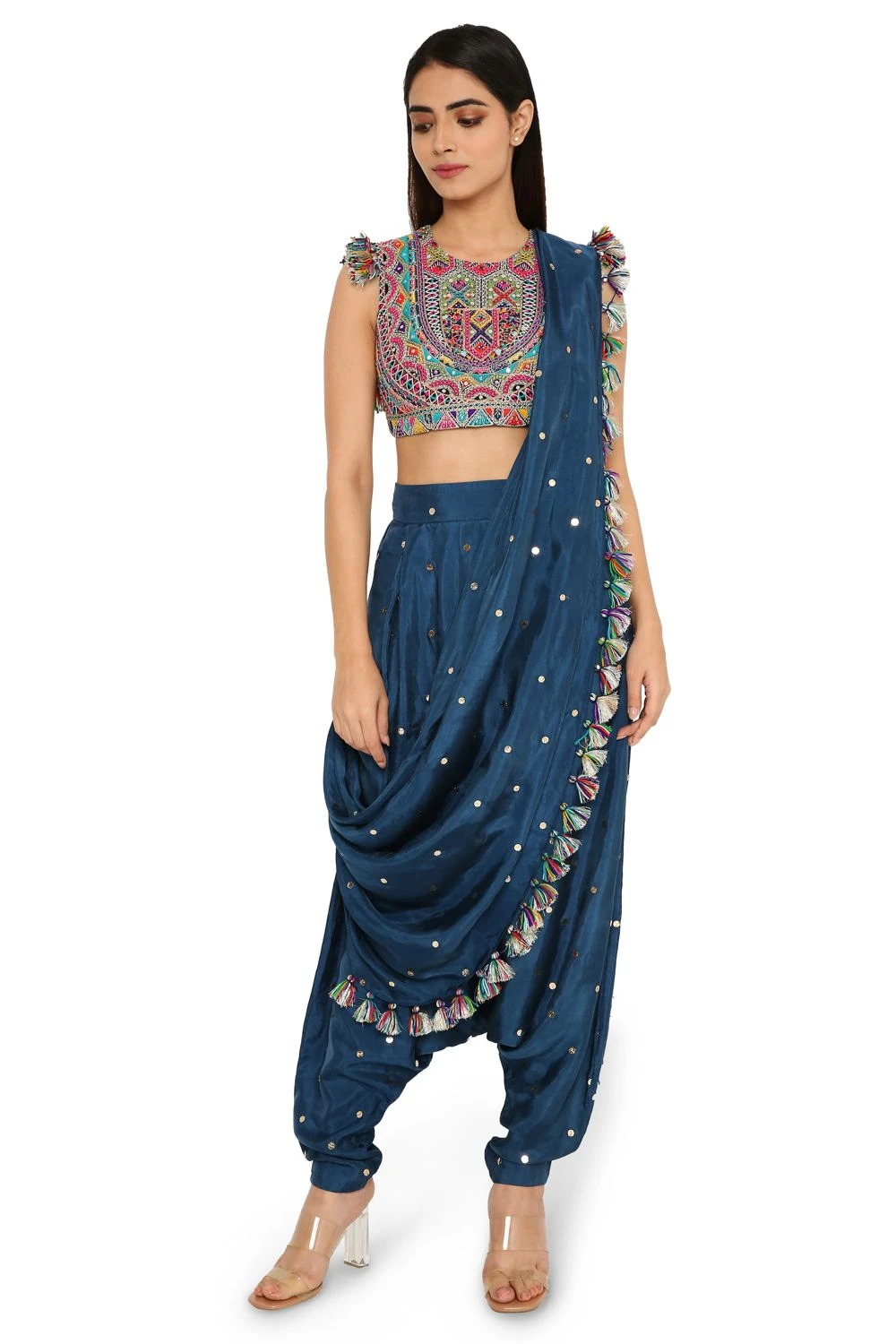 Payal Singhal Midnight Blue Draped Sari & Embroidered Blouse 1 Payal Singhal Midnight Blue Draped Sari & Embroidered Blouse