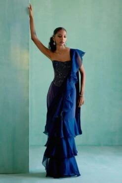 Mishru Noemi Navy Blue Ruffle Sari Set