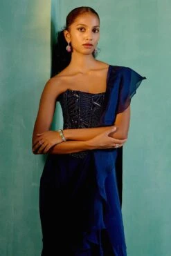 Mishru Noemi Navy Blue Ruffle Sari Set -Echo Clothing Store 15923mu28 3
