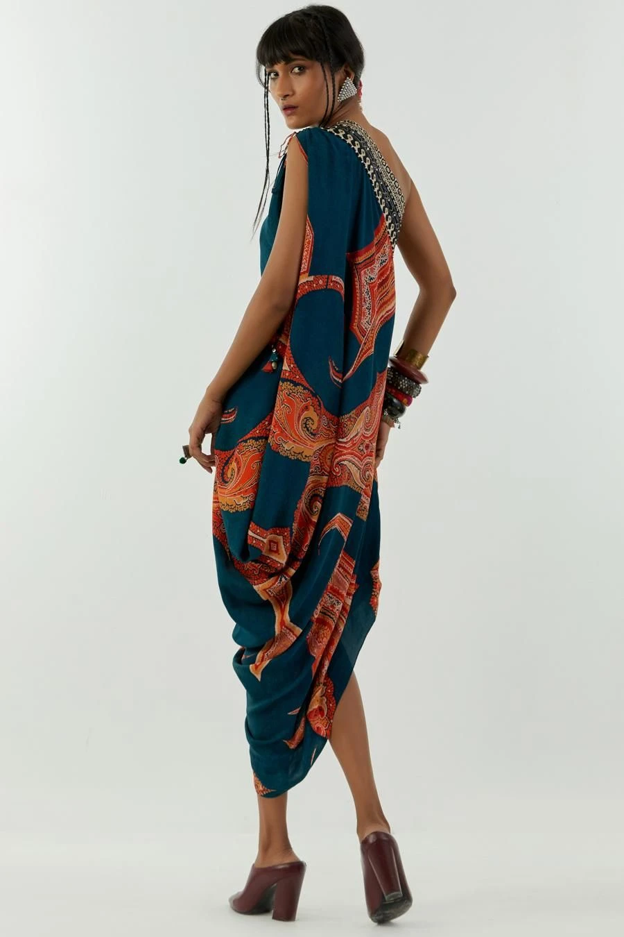 Aseem Kapoor Deep Teal Rasa One Shoulder Dress 4 Aseem Kapoor Deep Teal Rasa One Shoulder Dress - Image 4