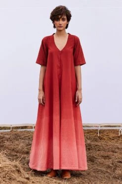 Khara Kapas Vibrant Brick Red Khadi Jumpsuit