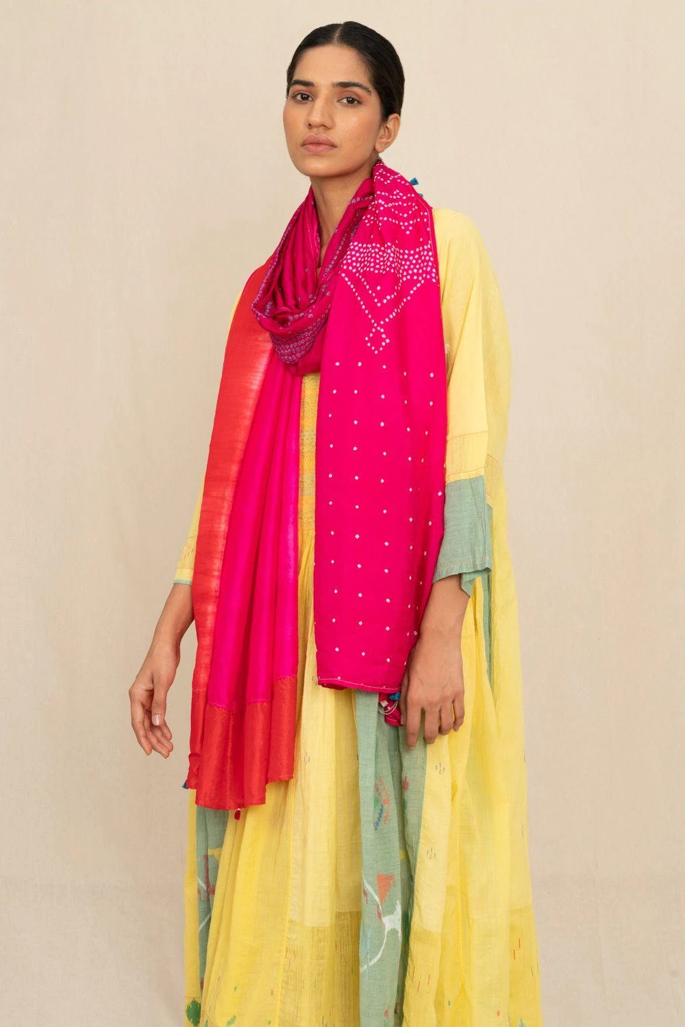 Injiri Artisanal Pink Bandhani Silk Scarf 1 Injiri Artisanal Pink Bandhani Silk Scarf