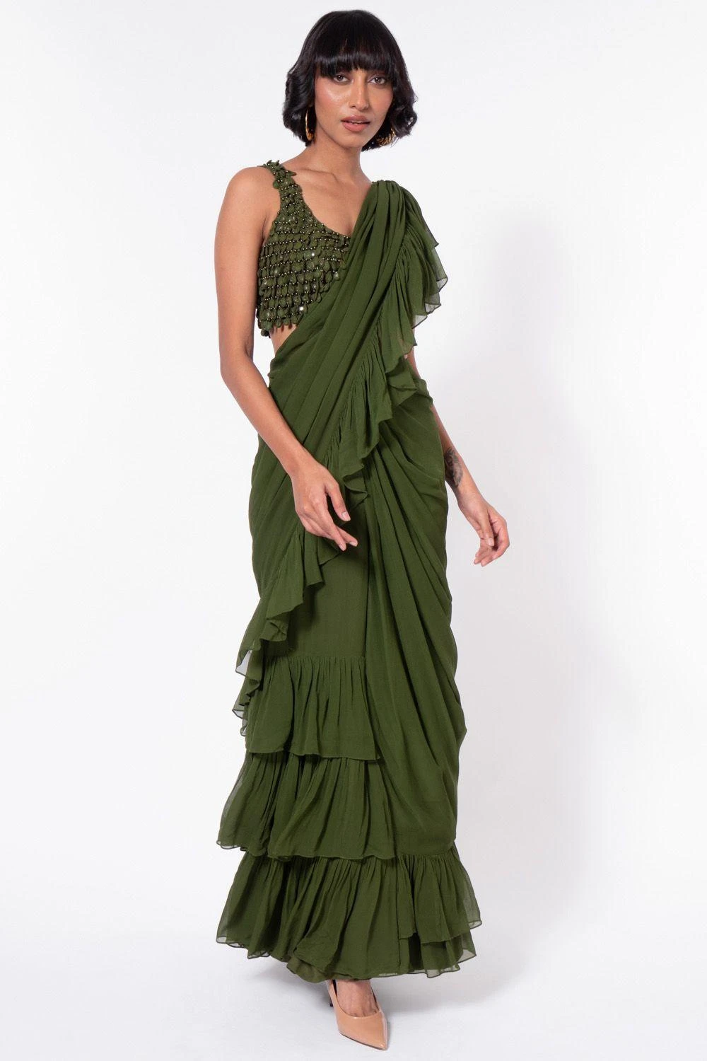 Arpita Mehta Green Tiered Sari Set 1 Arpita Mehta Green Tiered Sari Set