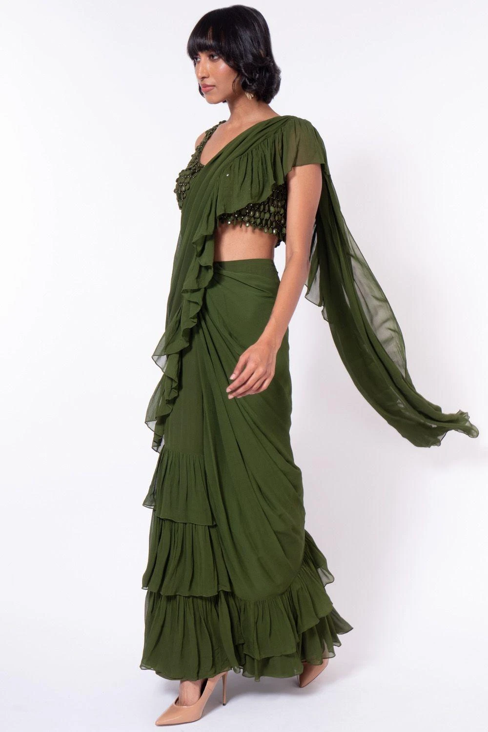 Arpita Mehta Green Tiered Sari Set 2 Arpita Mehta Green Tiered Sari Set - Image 2