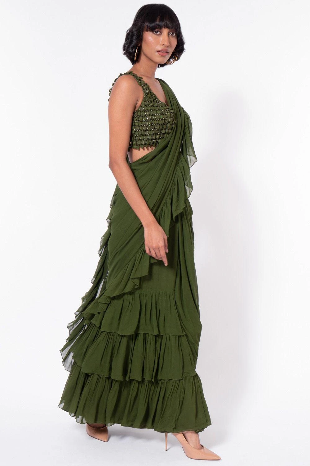 Arpita Mehta Green Tiered Sari Set 3 Arpita Mehta Green Tiered Sari Set - Image 3