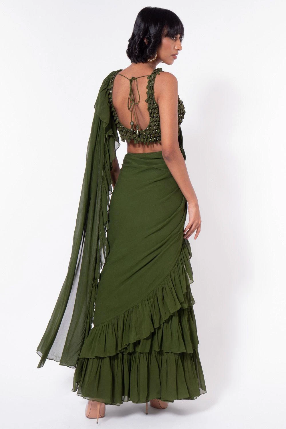 Arpita Mehta Green Tiered Sari Set 5 Arpita Mehta Green Tiered Sari Set - Image 5