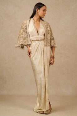 Tarun Tahiliani Gold Gara Embroidered Cape & Dress Set 7 Tarun Tahiliani Gold Gara Embroidered Cape & Dress Set -Echo Clothing Store 16923tt37 2