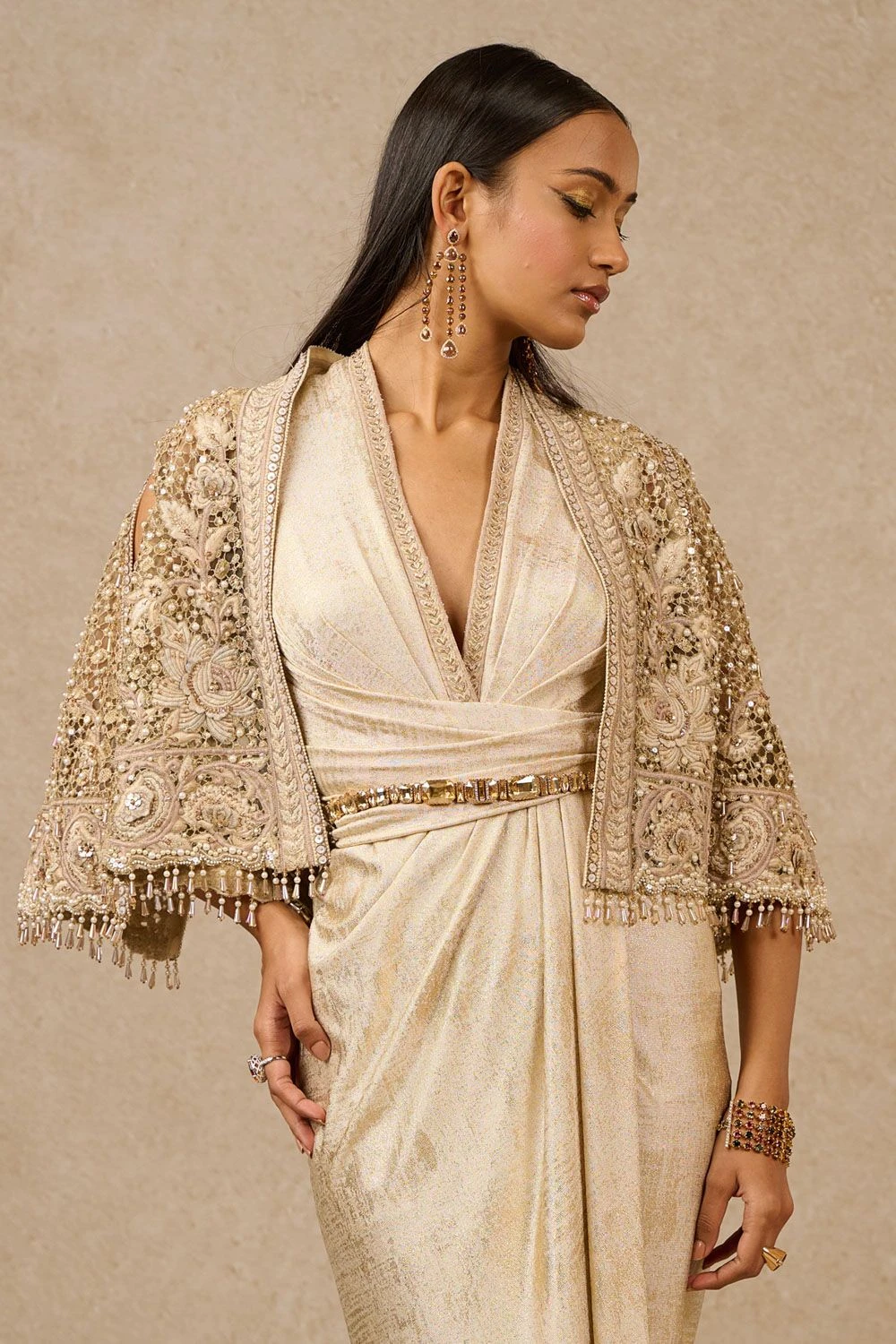 Tarun Tahiliani Gold Gara Embroidered Cape & Dress Set 4 Tarun Tahiliani Gold Gara Embroidered Cape & Dress Set - Image 4