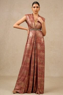 Tarun Tahiliani Wine Foil Jersey Panelled Jumpsuit