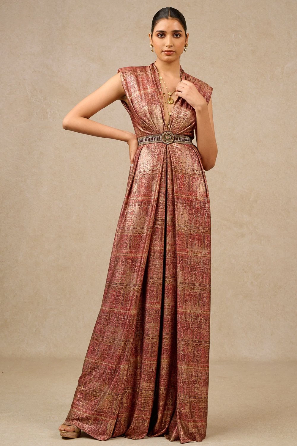 Tarun Tahiliani Wine Foil Jersey Panelled Jumpsuit 1 Tarun Tahiliani Wine Foil Jersey Panelled Jumpsuit