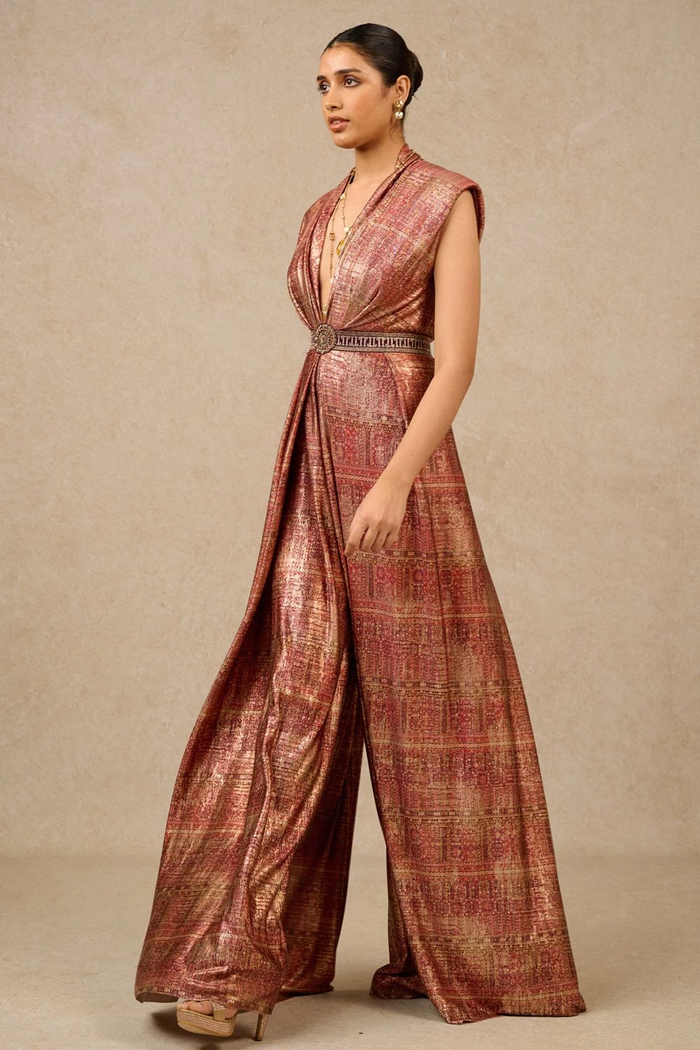 Tarun Tahiliani Wine Foil Jersey Panelled Jumpsuit 2 Tarun Tahiliani Wine Foil Jersey Panelled Jumpsuit - Image 2