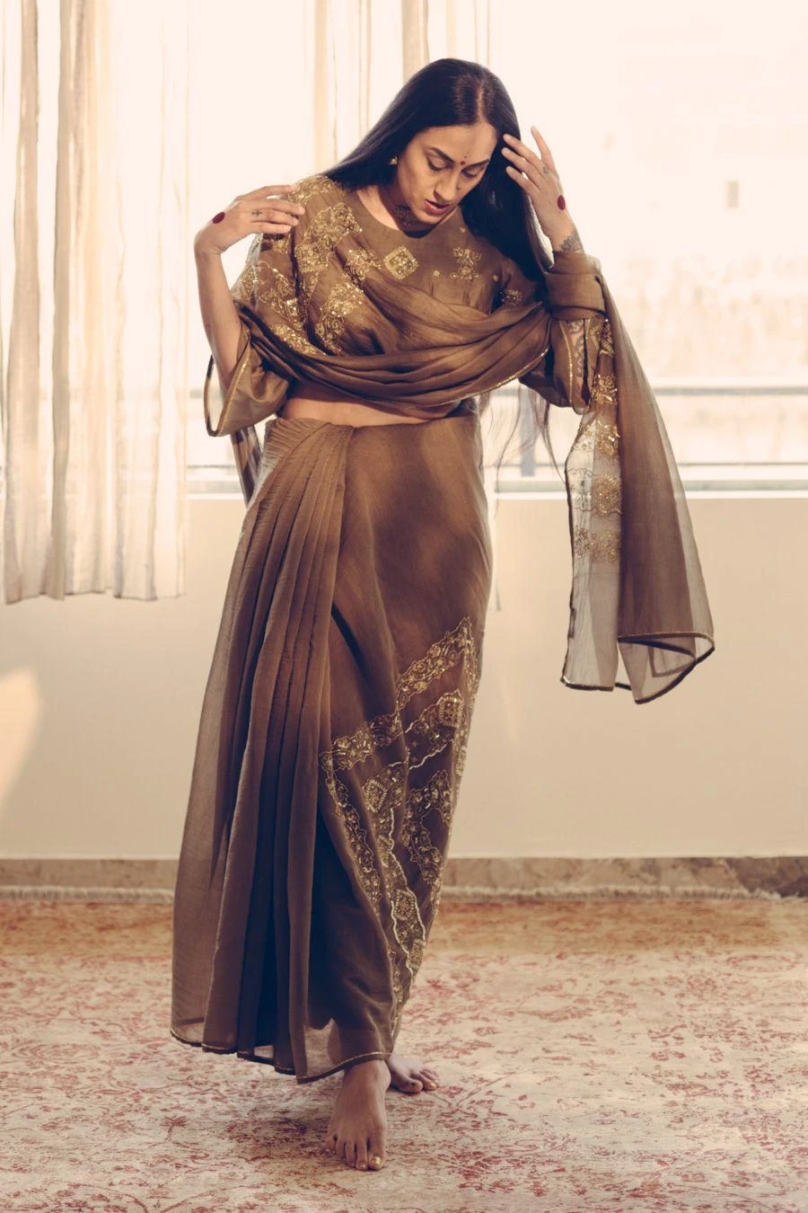 Sarang Kaur Olive Nizam Motif Sari 2 Sarang Kaur Olive Nizam Motif Sari - Image 2