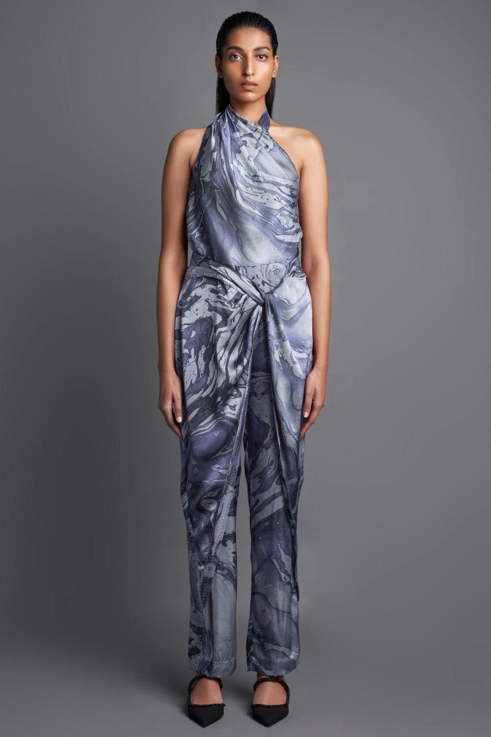 Amit Aggarwal Marbled Draped Grey Jumpsuit 1 Amit Aggarwal Marbled Draped Grey Jumpsuit