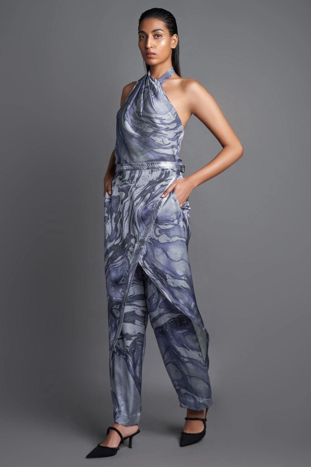 Amit Aggarwal Marbled Draped Grey Jumpsuit 2 Amit Aggarwal Marbled Draped Grey Jumpsuit - Image 2