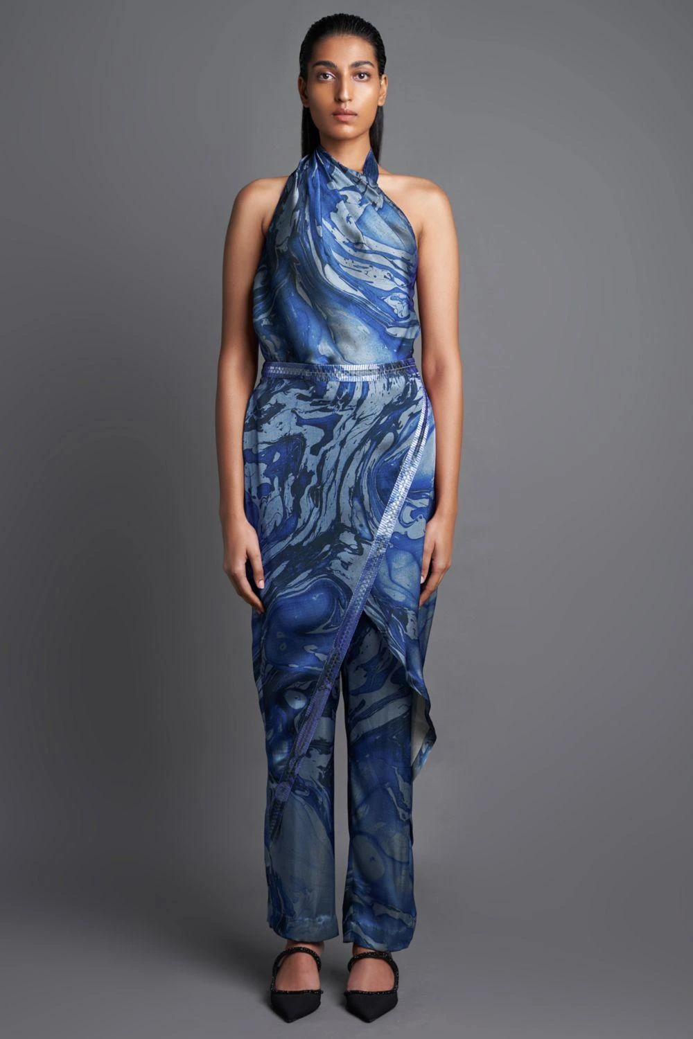 Amit Aggarwal Marbled Draped Aqua Jumpsuit 1 Amit Aggarwal Marbled Draped Aqua Jumpsuit