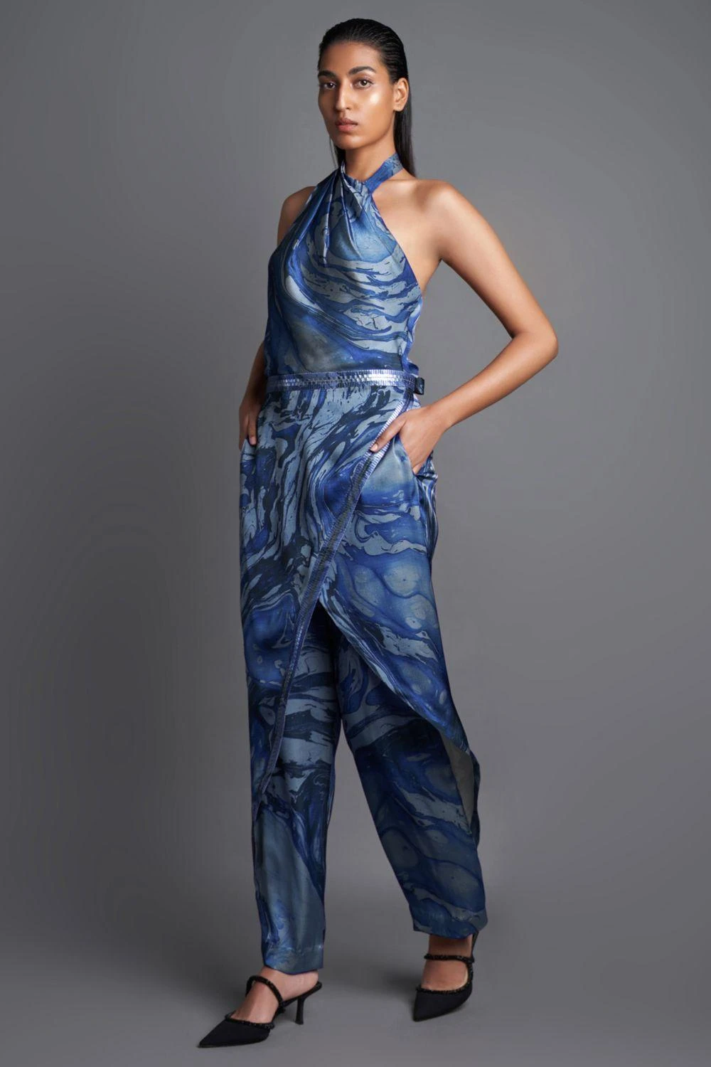 Amit Aggarwal Marbled Draped Aqua Jumpsuit 2 Amit Aggarwal Marbled Draped Aqua Jumpsuit - Image 2