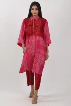 Krishna Mehta Red Shaded Block Printed Shirt Tunic Set
