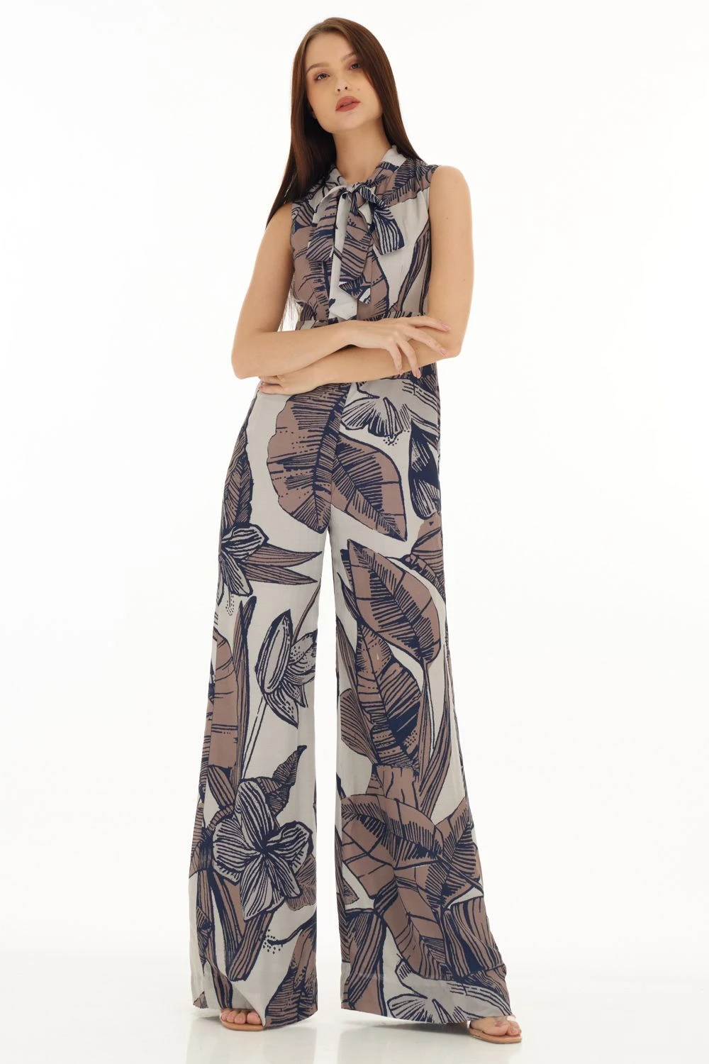 KoAi Brown And Cream Floral Bow Tie Jumpsuit 2 KoAi Brown And Cream Floral Bow Tie Jumpsuit - Image 2