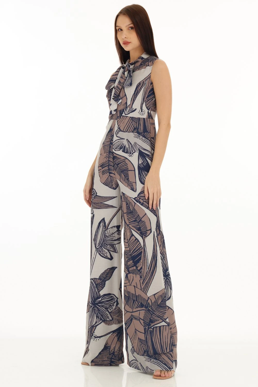 KoAi Brown And Cream Floral Bow Tie Jumpsuit 4 KoAi Brown And Cream Floral Bow Tie Jumpsuit - Image 4