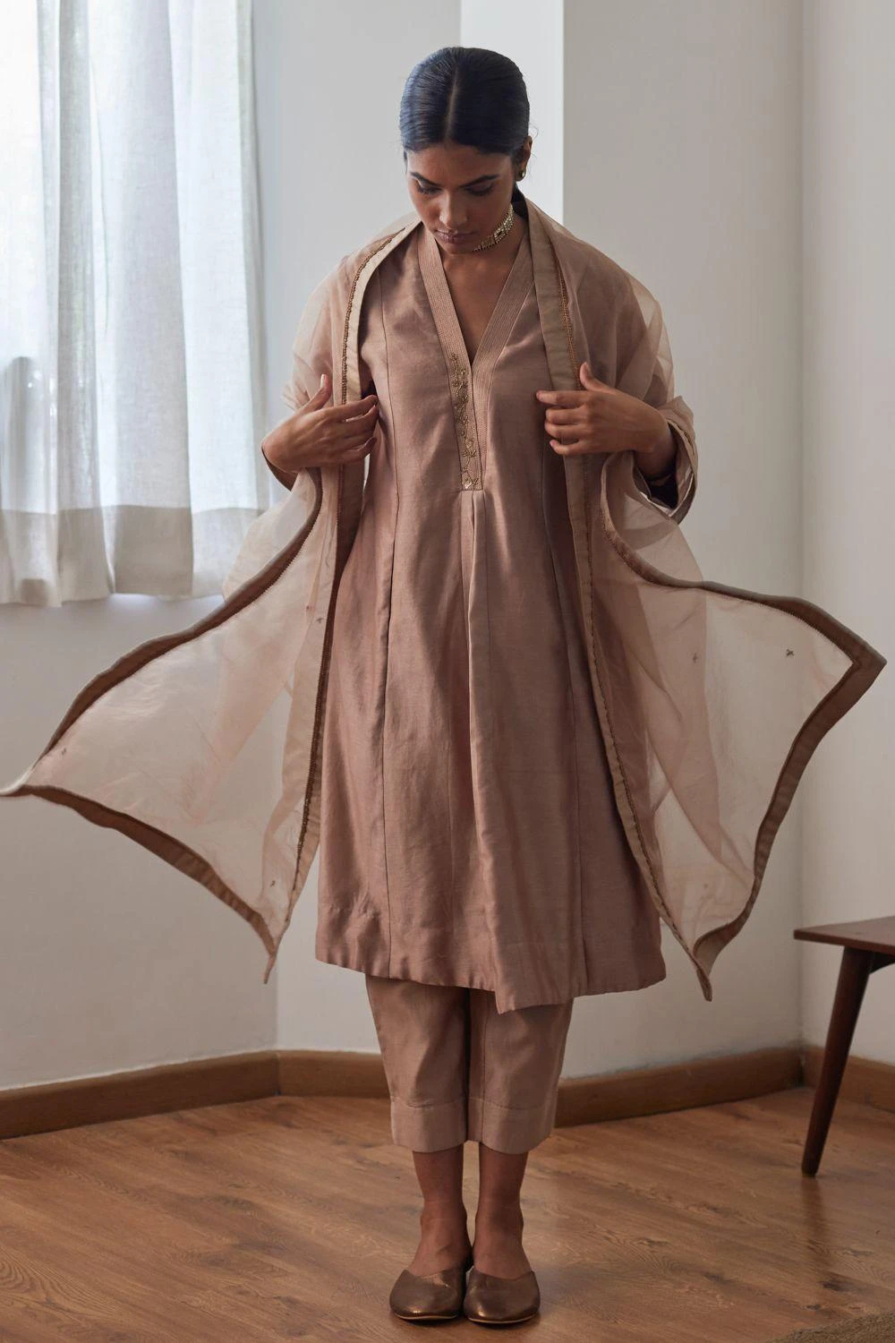 Shorshe Beige Hand Embellished Dupatta 2 Shorshe Beige Hand Embellished Dupatta - Image 2