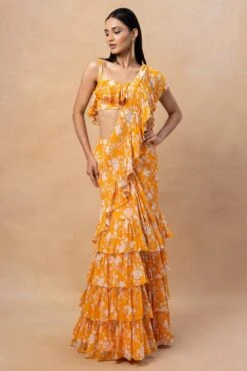 Arpita Mehta Orange Floral Printed Ruffle Sari Set