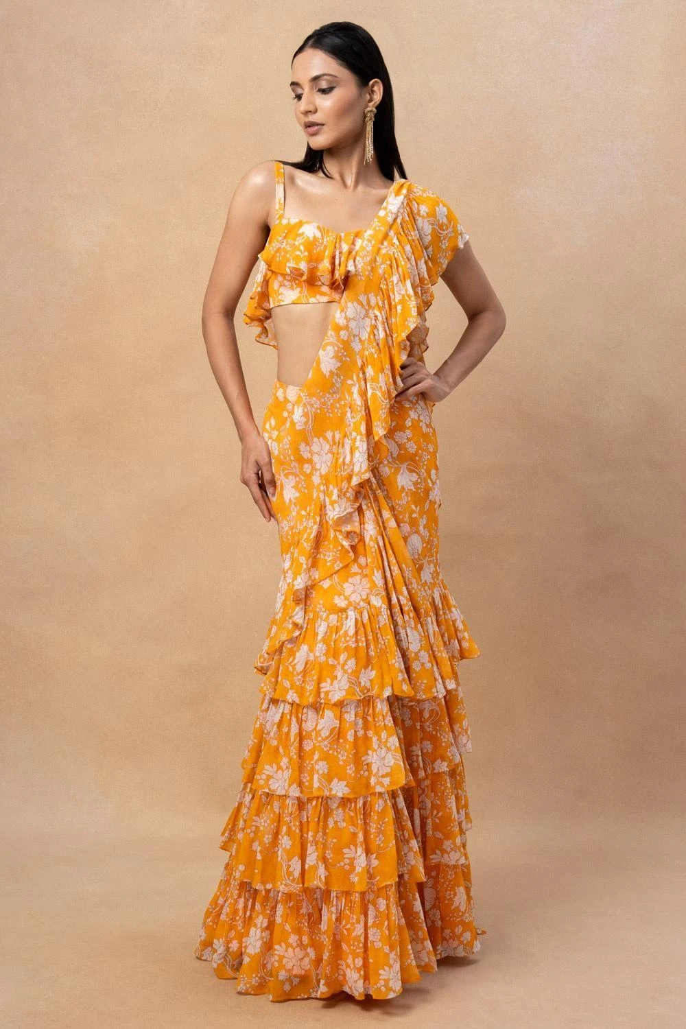 Arpita Mehta Orange Floral Printed Ruffle Sari Set 1 Arpita Mehta Orange Floral Printed Ruffle Sari Set
