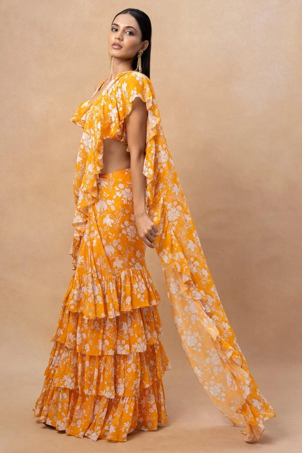 Arpita Mehta Orange Floral Printed Ruffle Sari Set 2 Arpita Mehta Orange Floral Printed Ruffle Sari Set - Image 2