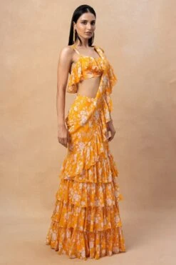 Arpita Mehta Orange Floral Printed Ruffle Sari Set 7 Arpita Mehta Orange Floral Printed Ruffle Sari Set -Echo Clothing Store 18092023am02 3